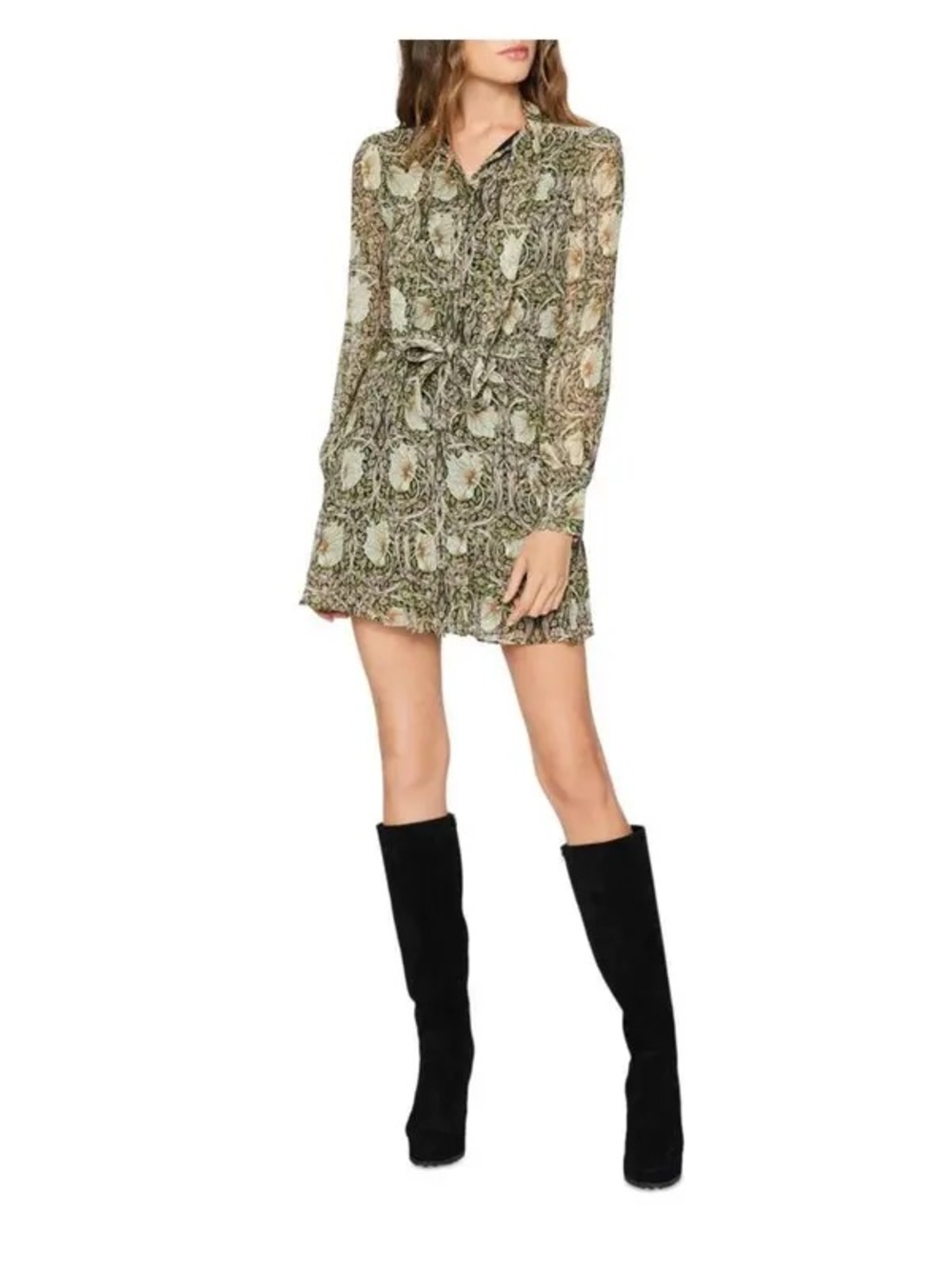 PAIGE Olive & Taupe Floral Long-Sleeve Tie-Waist Dress